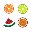 Slices of oranges, lime, watermelon, passion fruit. Collection of fresh ripe fruit  icon vector illustration isolated Royalty Free Stock Photo