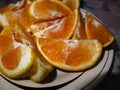 Slices oranges pieces in a dish