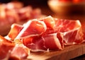 Slices of parma ham on wooden board.Macro.AI Generative Royalty Free Stock Photo