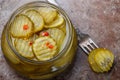 Slices of pickled cucumbers with pepper and mustard Royalty Free Stock Photo