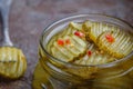 Slices of pickled cucumbers with pepper and mustard Royalty Free Stock Photo