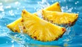 Slices of pineapple (Ananas comosus) splash into clear blue water, creating dynamic splashes and droplets. Royalty Free Stock Photo