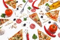 Slices of pizza, ingredients and cutlery on a white background. Top view Royalty Free Stock Photo