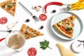 Slices of pizza, ingredients and cutlery on a white background. Top view Royalty Free Stock Photo