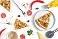 Slices of pizza, ingredients and cutlery on a white background. Top view Royalty Free Stock Photo