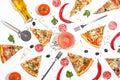 Slices of pizza, ingredients and cutlery on a white background. Top view Royalty Free Stock Photo