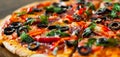 Pizza with Mozzarella cheese, salami, pepper, pepperoni, Tomatoes, olives, Spices and Fresh Basil. Italian pizza Royalty Free Stock Photo