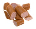 Slices of Polska kielbasa on a white background