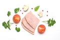 Slices of pork and sliced tomato and mushrooms champignon next parsley and red pepper peas Royalty Free Stock Photo