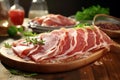 Slices of prosciutto on a cutting board. Spanish jamon or italian prosciutto crudo. Raw ham on wooden background. Generative AI