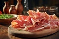 Slices of prosciutto on a cutting board. Spanish jamon or italian prosciutto crudo. Raw ham on wooden background. Generative AI