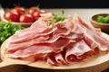 Slices of prosciutto on a cutting board. Spanish jamon or italian prosciutto crudo. Raw ham on wooden background. Generative AI
