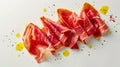 Slices of Prosciutto with Olive Oil and Spices on White Background Gourmet Italian Ham Flat Lay