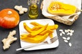 Slices of pumpkin and fork on plate