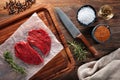 Slices of raw calf beefsteak on white cooking paper and wooden cutting table