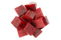 Slices of red boiled beets isolated on white background, top view. Heap of chopped boiled beets on a white background