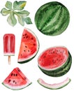 Slices of red juicy watermelon and ice cream. Watercolor tropical fruit illustration Royalty Free Stock Photo