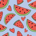 Slices of red watermelon with black seeds, ripe fruit, hearts, set of green tropical green leaves, vector seamless pattern of