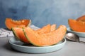 Slices of ripe cantaloupe melon in plate on grey Royalty Free Stock Photo