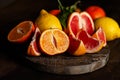 Slices of ripe fresh organic citrus fruits: grapefruit, orange, lemon on wooden board. Natural source of vitamins, low calories