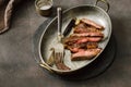 Slices roast beef steak vintage frying pan