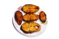 Slices of Rohu fish fry over white background