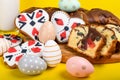 Easter painted eggs and homemade ginger bread hearts Royalty Free Stock Photo