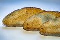 three slices of dark rye bread covered with mold and fungus. Spoiled bread. Royalty Free Stock Photo