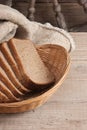 slices of rye bread and ears of corn in basket Royalty Free Stock Photo