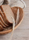 slices of rye bread and ears of corn in basket Royalty Free Stock Photo