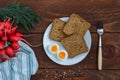 Radish, egg, bread, dill breakfast ingredients