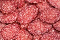 Slices of salami background, macro view