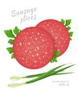 Slices of salami sausage with fresh parsley and green onion isolated