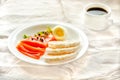 Slices of Salted Raw fish fillet with egg and rice cakes. Selection of good fat sources - healthy eating concept. Ketogenic diet Royalty Free Stock Photo