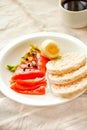 Slices of Salted Raw fish fillet with egg and rice cakes. Selection of good fat sources - healthy eating concept. Ketogenic diet Royalty Free Stock Photo