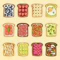 Slices of sandwich bread and butter toast with butter jamflat cartoon style vector illustration.