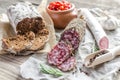 Slices of saucisson and spanish salami Royalty Free Stock Photo