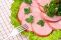 Slices of sausage, salad and parsley on the plate Royalty Free Stock Photo