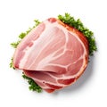 slices of savory ham elegantly arranged on a bed of fresh green lettuce, all beautifully isolated