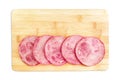 Slices of sliced ham on the kitchen Board. Isolated on a white background Royalty Free Stock Photo