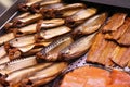 Slices of smoked fish in supermarket