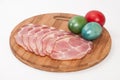 Slices of smoked ham with easter egg Royalty Free Stock Photo