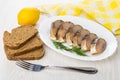 Slices of smoked mackerel in dish, bread, lemon and fork Royalty Free Stock Photo