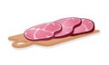 Slices of smoked red ham are on cutting wooden board. Gammon, gigot, silverside.