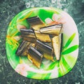 Slices of smoked saury fish on plate Royalty Free Stock Photo