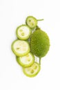 slices spiny gourd isolated on white background, kakrol top view