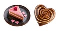 Slices of Strawberry Frosting Cake with Heart Shaped Chocolate Glazed Doughnut on Transparent Background