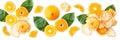 Slices of tangerine or orange. Fruit background. Flat lay, isolated on white background. Food background. Top view Royalty Free Stock Photo