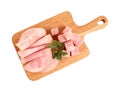 Slices of tasty fresh ham with parsley isolated on white, top view Royalty Free Stock Photo