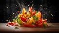 Slices of tomato, avocado and mozzarella falling on table. Royalty Free Stock Photo